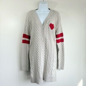 J for Justify Soft Cable knit Beige Cardigan with Red Heart & Stripes SzM Preppy